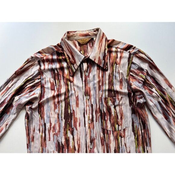 Vintage PAOLO CONTI Brown Grey Graphic Satin Jersey Button Down Shirt, Size L - Picture 5 of 12